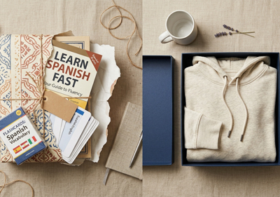A Spanish learning book and a hoodie on a Linen Background