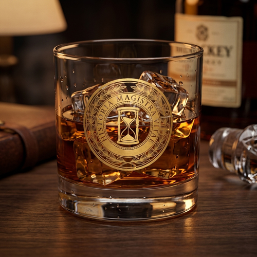 History themed whiskey glass with minimal design