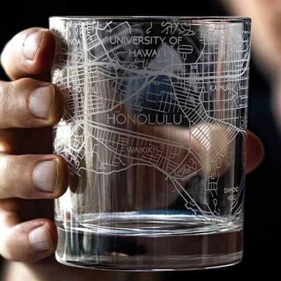 Hawaii Map Etched Whiskey Glass