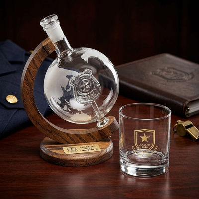 Police badge globe whiskey decanter set