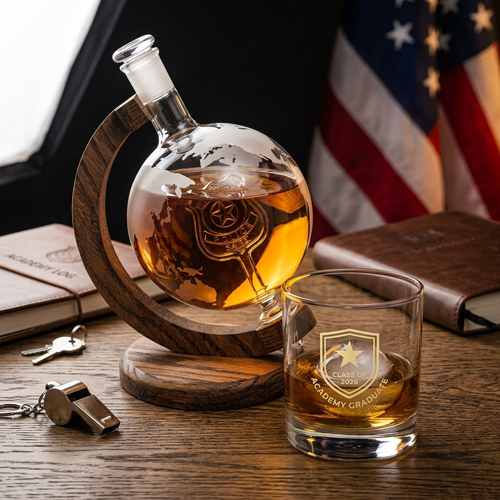 Police badge globe whiskey decanter set