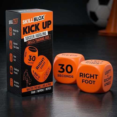 Soccer training dice game with skill prompts