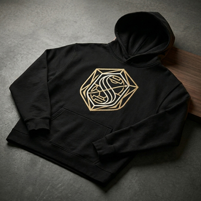 Minimal soccer-inspired hoodie with gold crest design