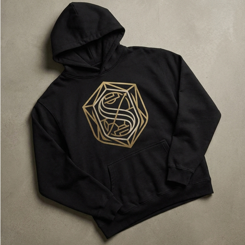 Minimal soccer-inspired hoodie with gold crest design