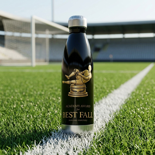 Soccer-themed water bottle with humorous award design