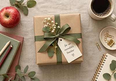A teacher's desk with a giftbox and a note