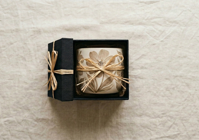 A handpainted pot inside a gift box on a linen background